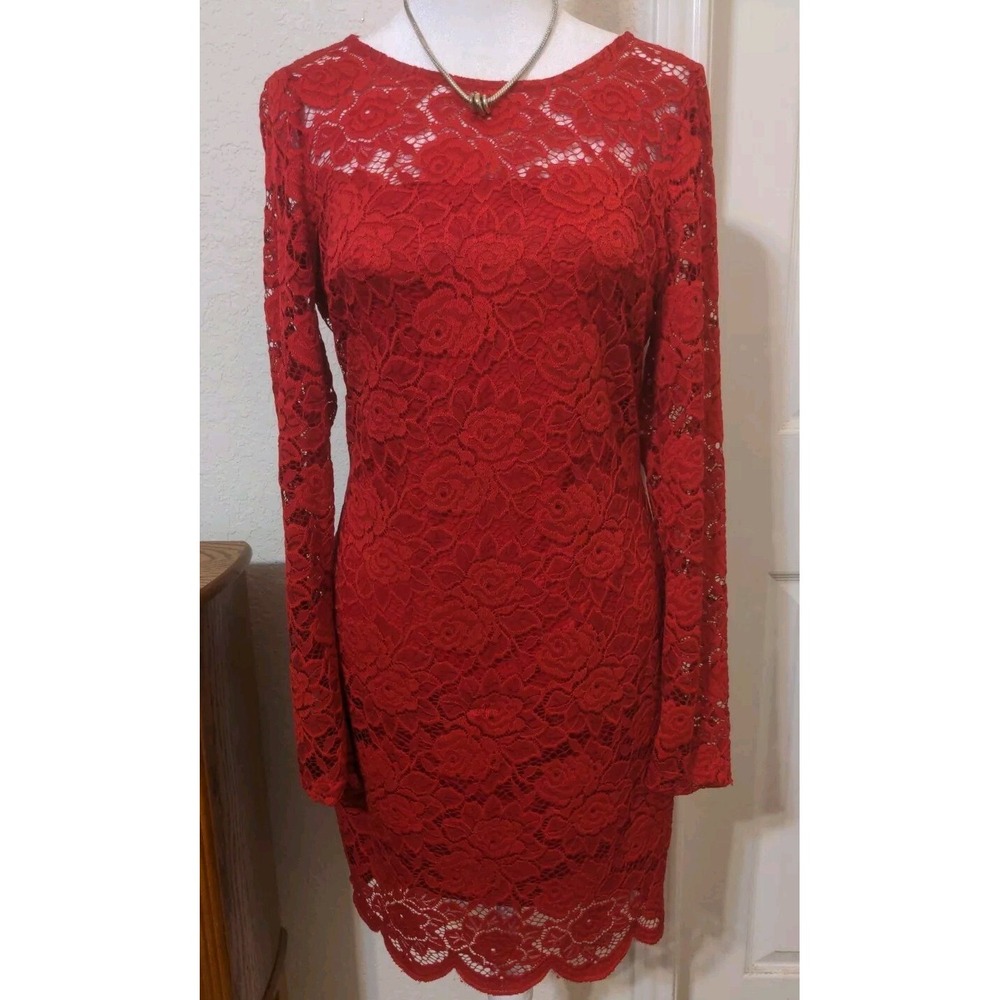 IZ Byer Women's Red Lace Lined Bodycon Dress. Size M